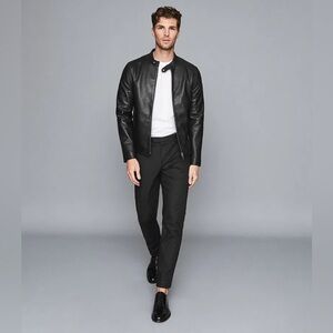 REISS Keith Black Leather Cafe Racer Jacket - Size Medium